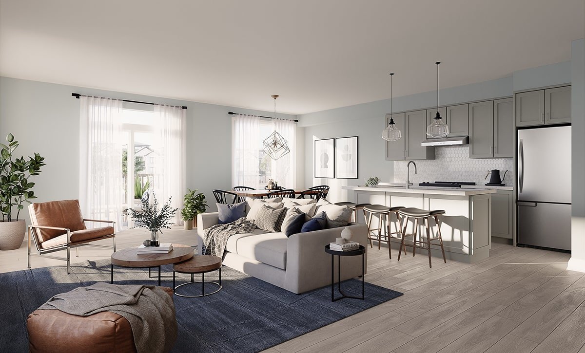 Rendering of living room in Pine townhome, The Heights of Harmony