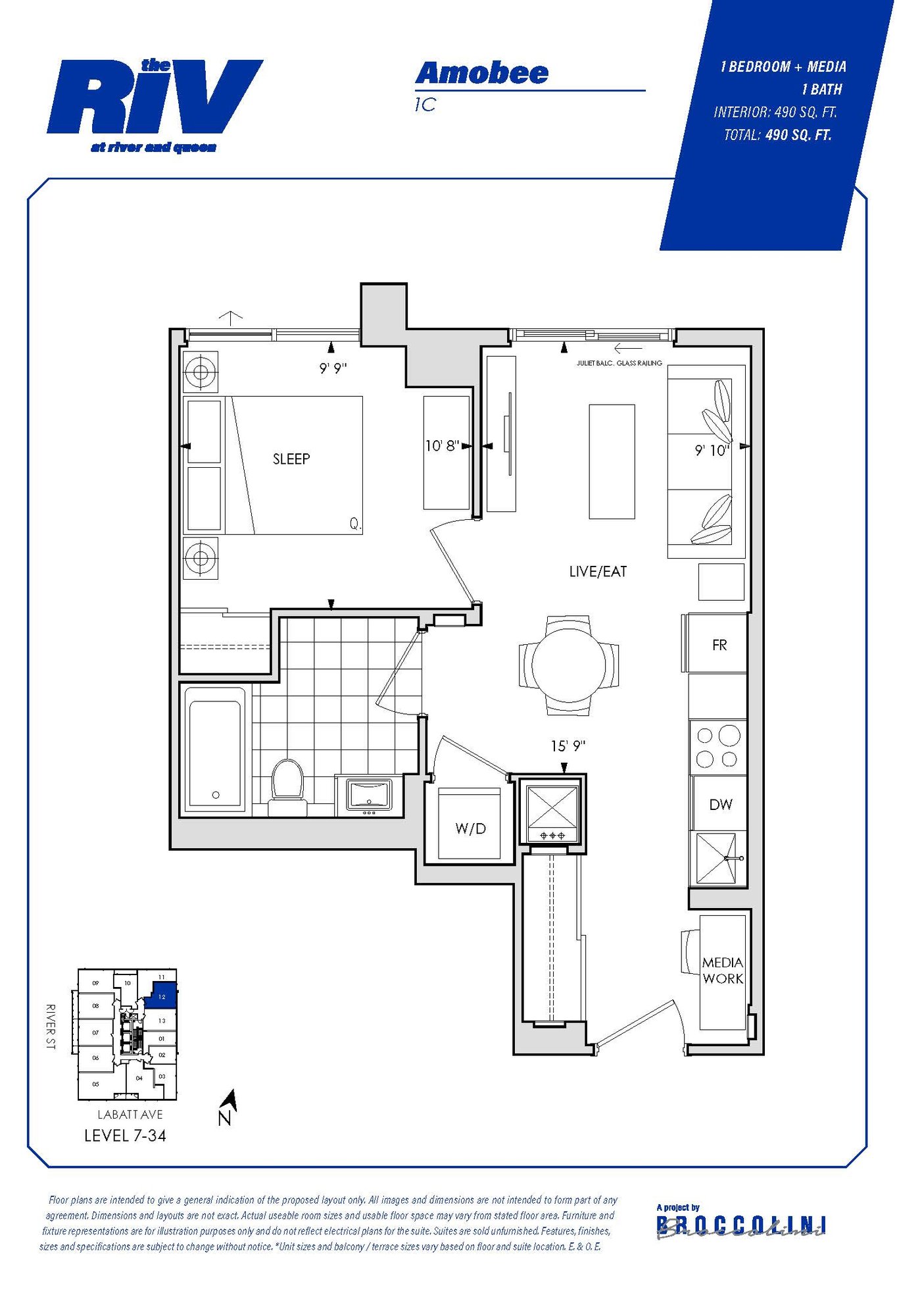 Floor plan for Amobee one bedroom unit in The Riv