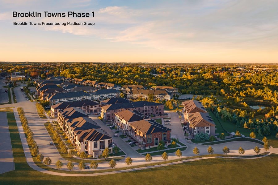 Aerial rendering of Brooklin Towns development in Brooklin, ON