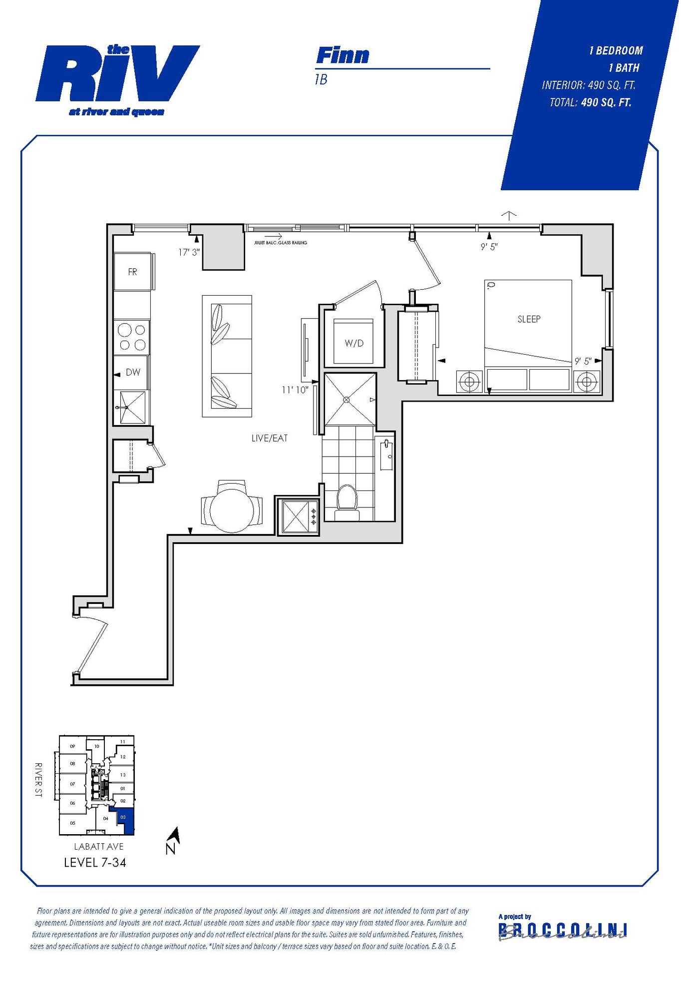 Floor plan for Finn one bedroom unit in The Riv