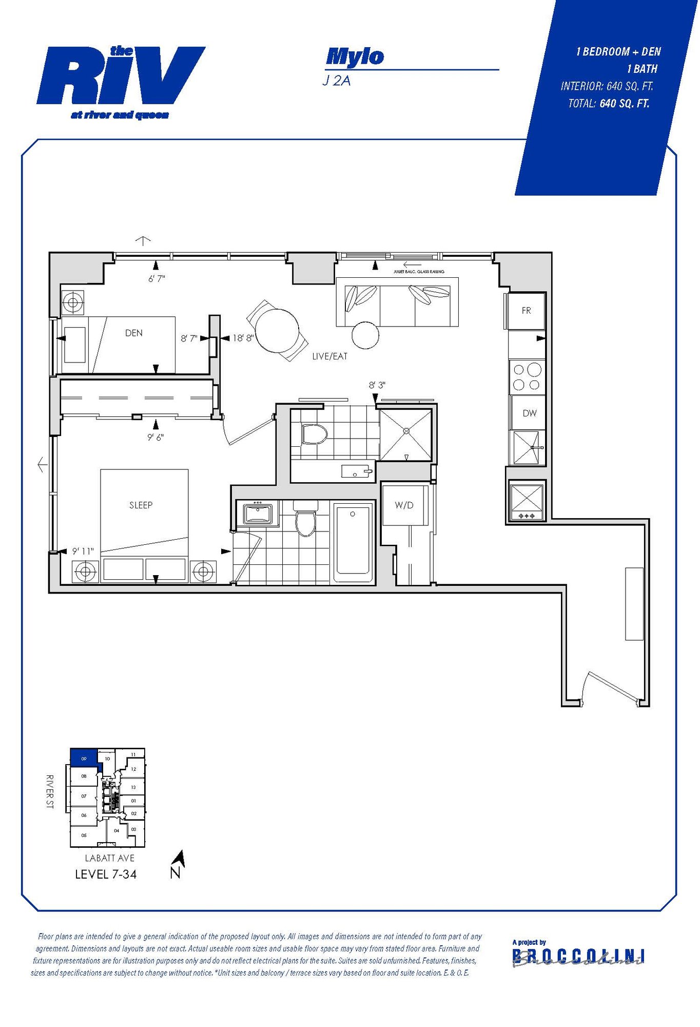 Floor plan for Mylo one bedroom unit in The Riv