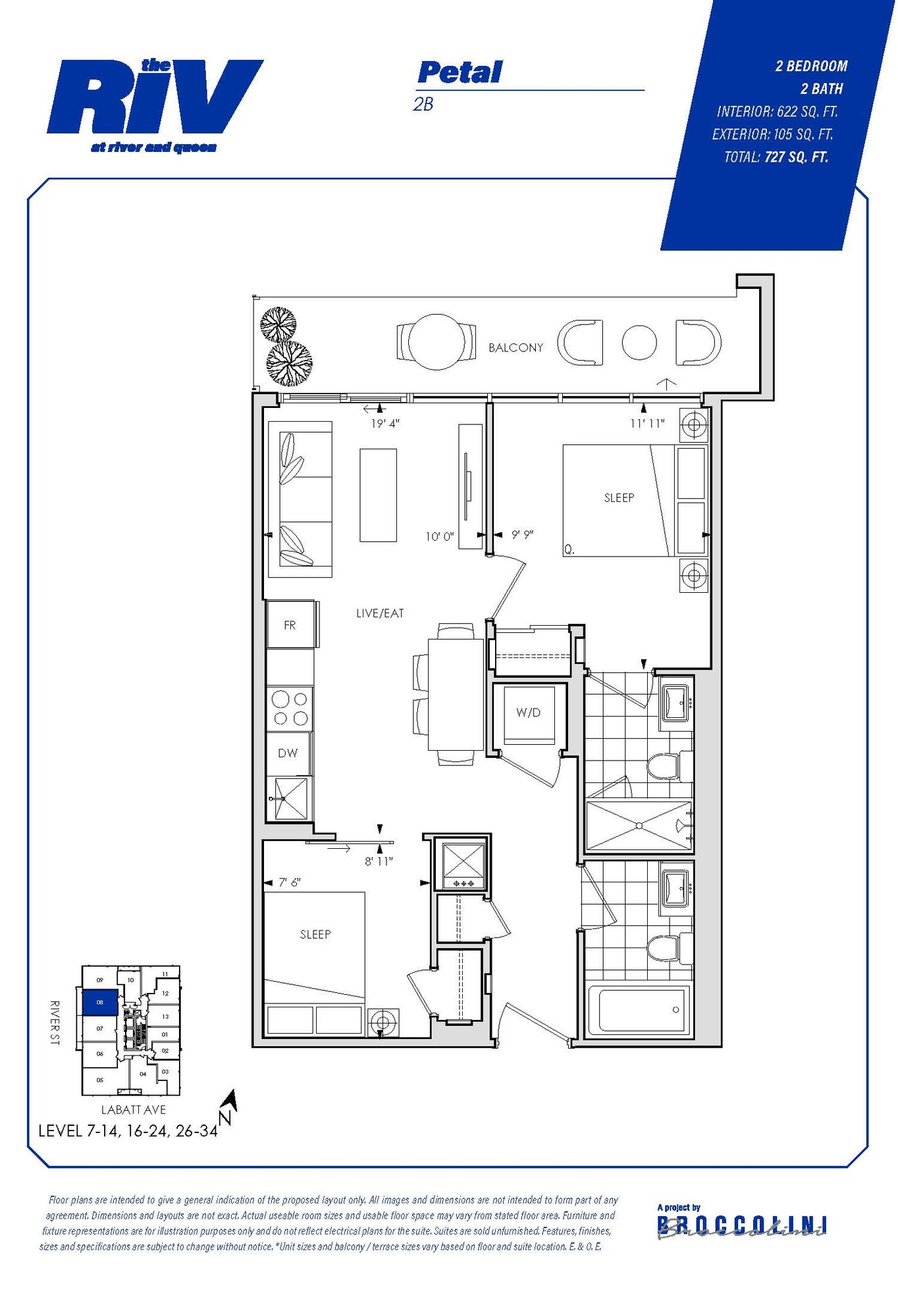 Floor plan for Petal two bedroom unit in The Riv
