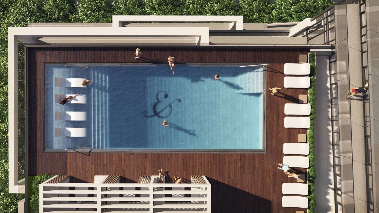 Artist rendering swimming pool at River and Fifth, aerial view