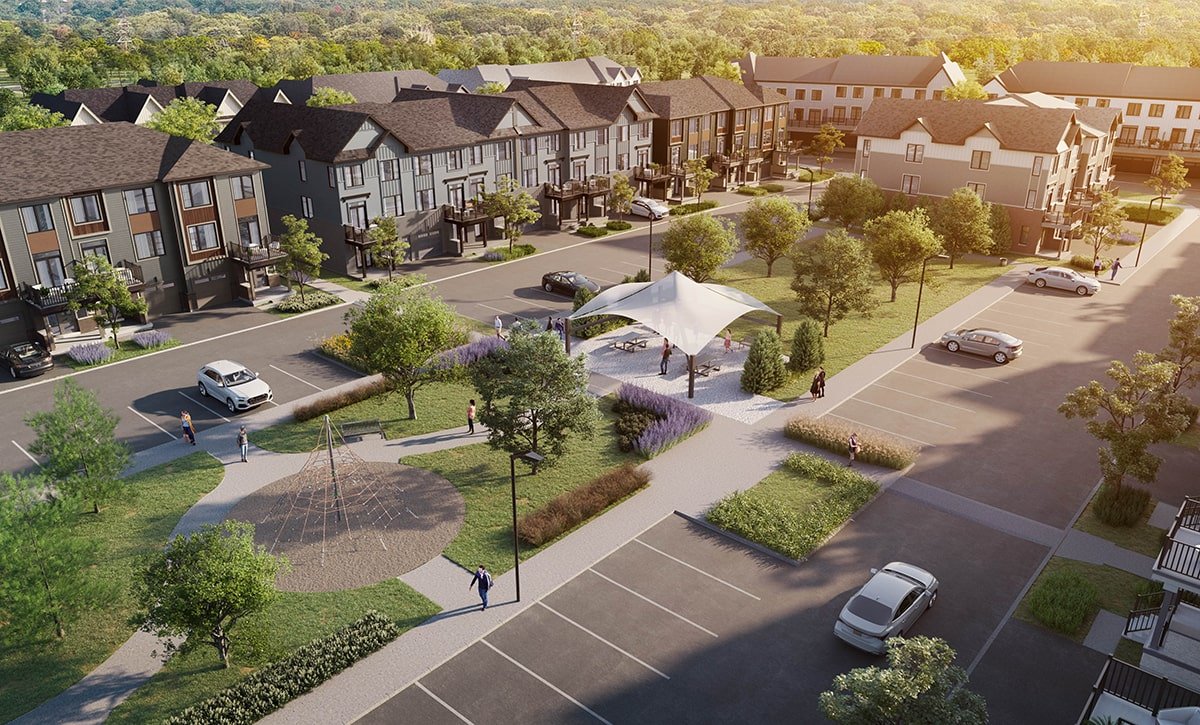 Aerial rendering of The Heights of Harmony development in Oshawa, ON