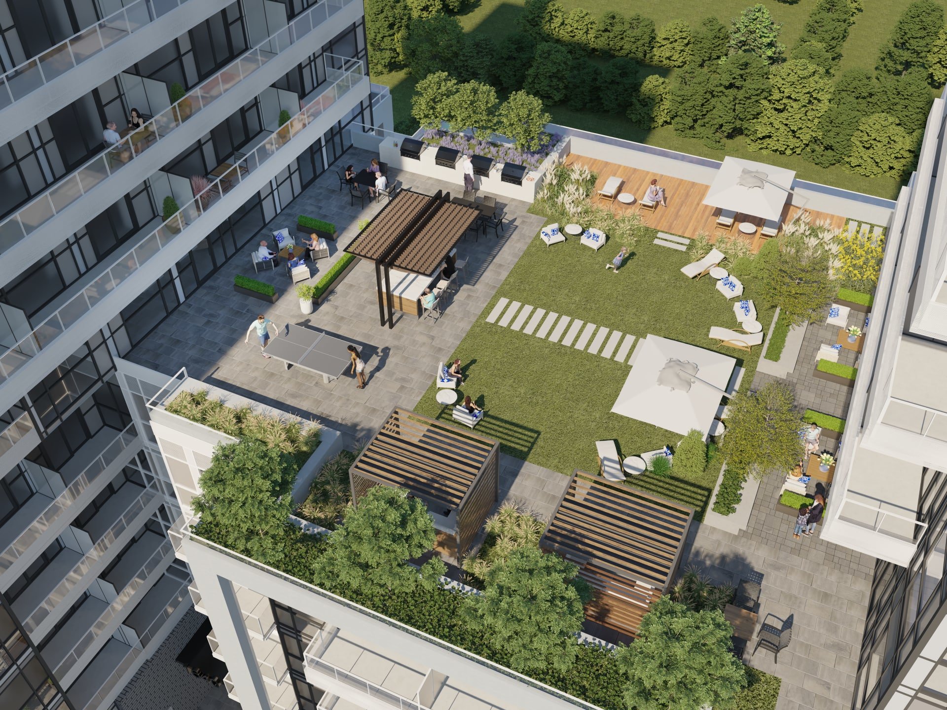Artist rendering of sixth floor amenities and terrace at The Highmark
