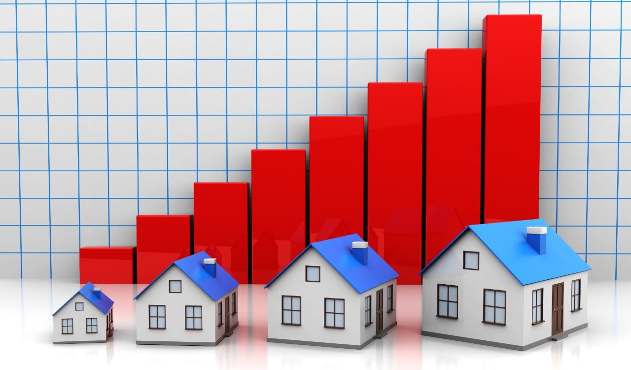 Red graph with miniature homes steadily increasing