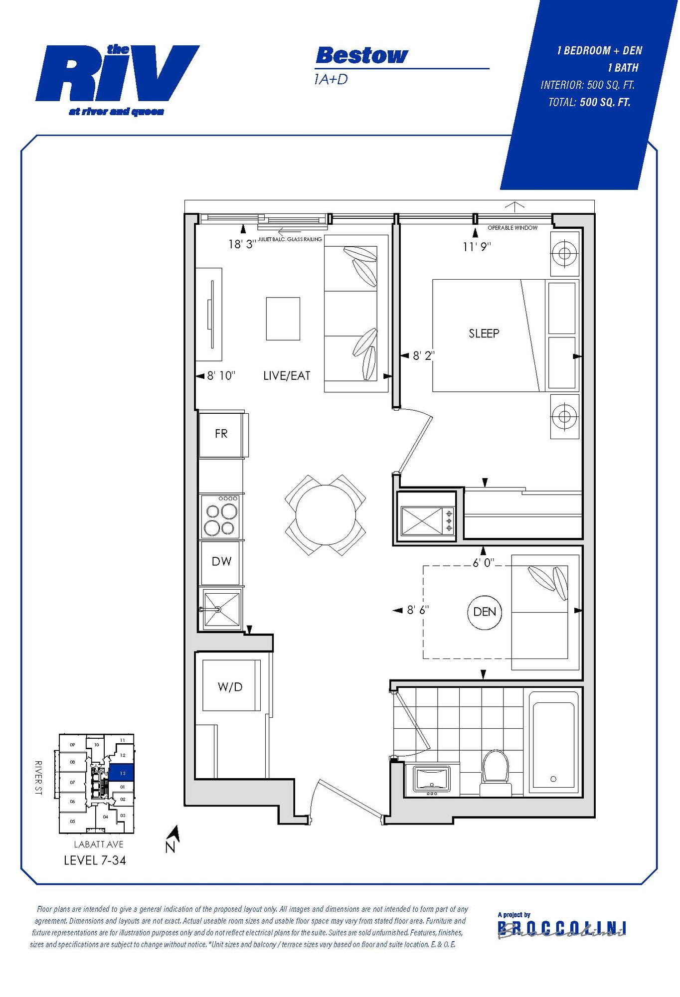Floor plan for Bestow one bedroom unit in The Riv
