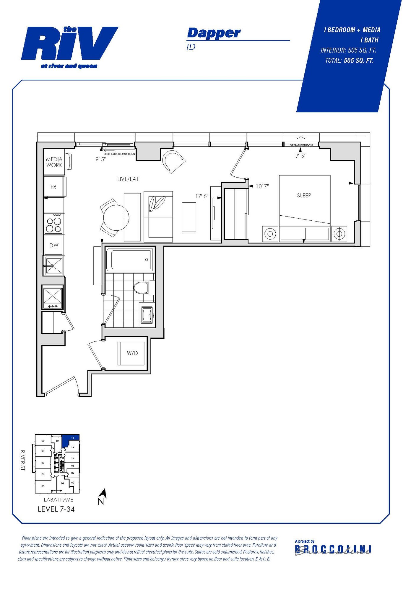 Floor plan for Dapper one bedroom unit in The Riv